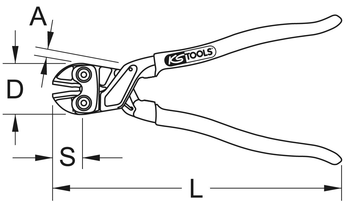 Illustration d'un coupe-boulons avec des annotations : A, D, S et L, indiquant différentes mesures sur l'outil.