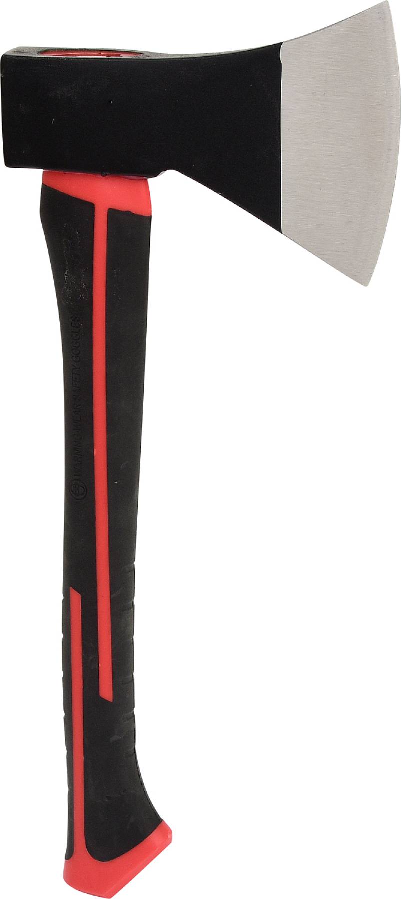 Hache noir et rouge avec une poignée noire et une bande rouge, dont le tranchant brillant et acéré pointe vers la droite.