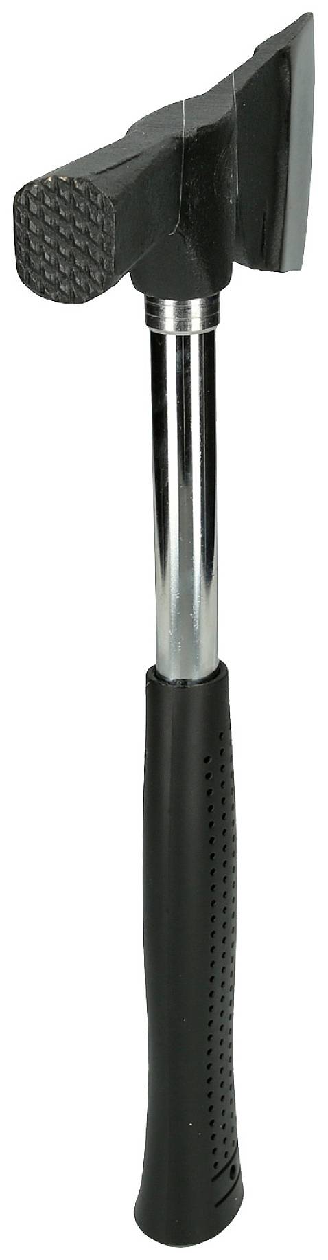 Un marteau noir à manche brillant et tête striée, adapté aux travaux lourds.