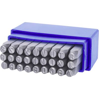 Boîte bleue avec des tampons métalliques des lettres A à Z disposés en deux rangées.