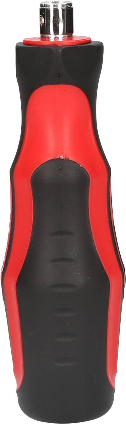 Tournevis électrique avec poignée ergonomique en rouge et noir, représenté verticalement, avec connexion argentée en haut.