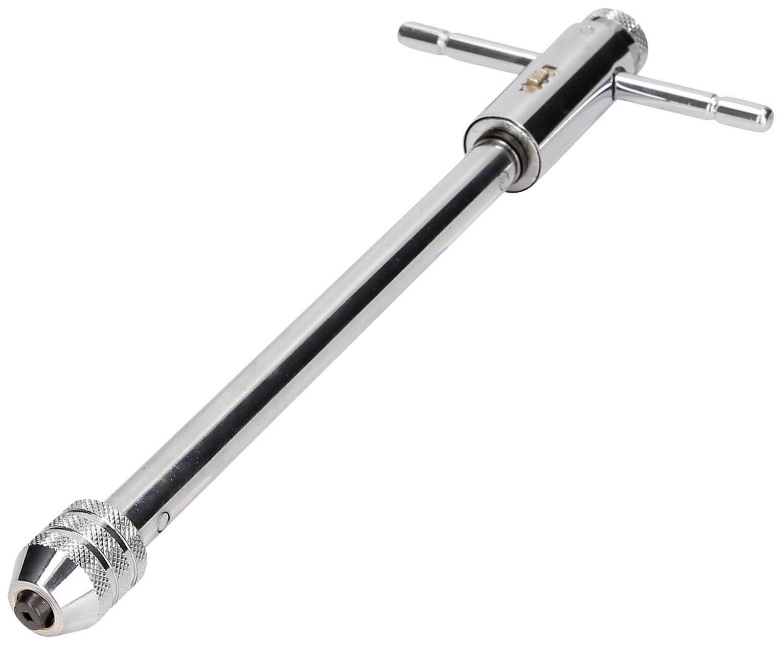 Un fer à fileter en acier avec poignée en T, utilisé pour faire tourner de petits outils comme les tarauds. Adapté aux travaux manuels précis.