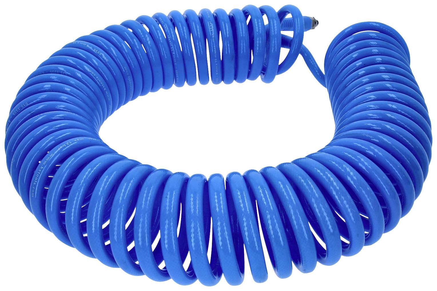 Tuyau spiral bleu, enroulé, pour la connexion flexible des outils pneumatiques. Adapté pour une utilisation en atelier ou dans un garage.