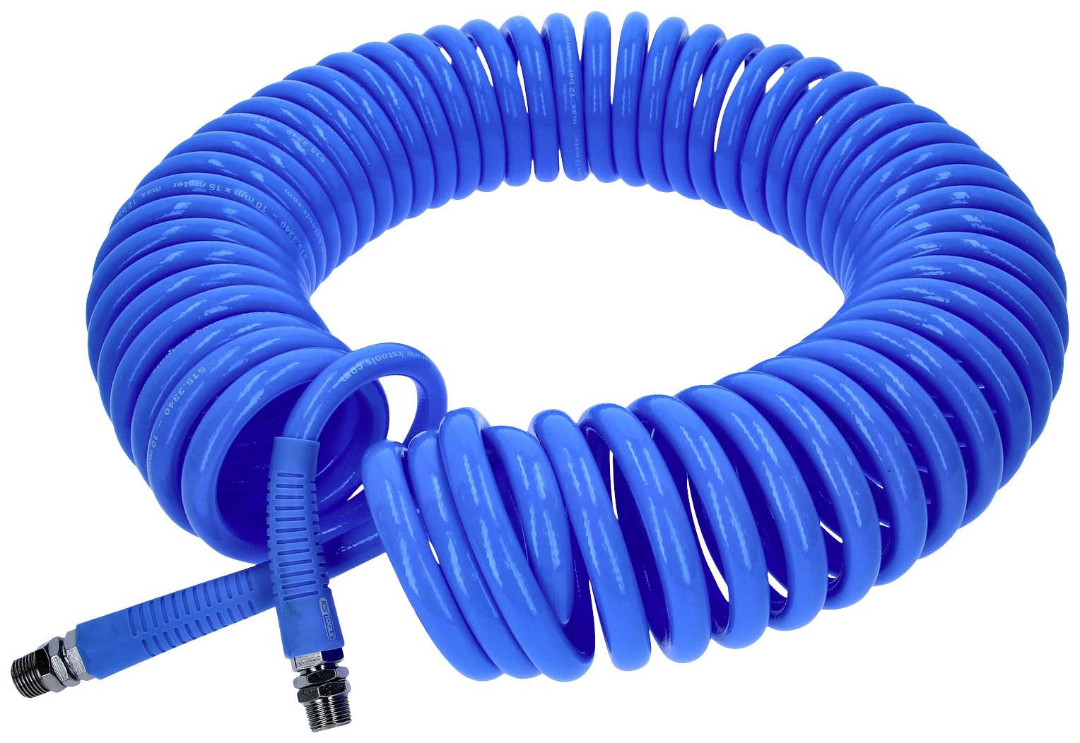 Tuyau bleu, spiralé, avec des raccords métalliques aux deux extrémités, enroulé et prêt à être connecté à un compresseur d'air.