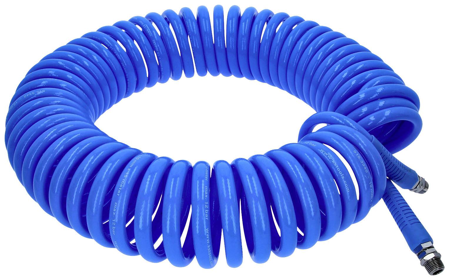 Un tuyau d'air bleu enroulé en spirale est posé sur un fond blanc.