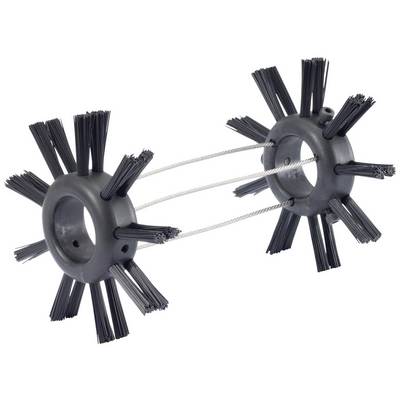 Deux brosses rotatives pour cheminée avec des poils et une connexion métallique, adaptées au nettoyage des conduits de cheminée.