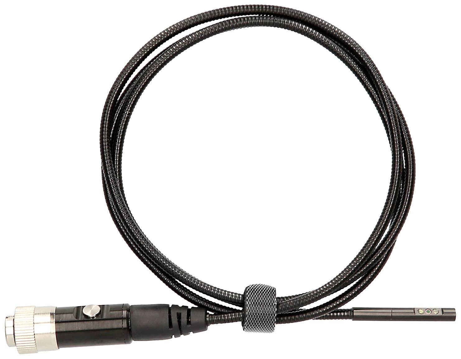 Un long câble noir avec un connecteur argenté et une extrémité fine, probablement destiné à des usages audio ou de mesure.