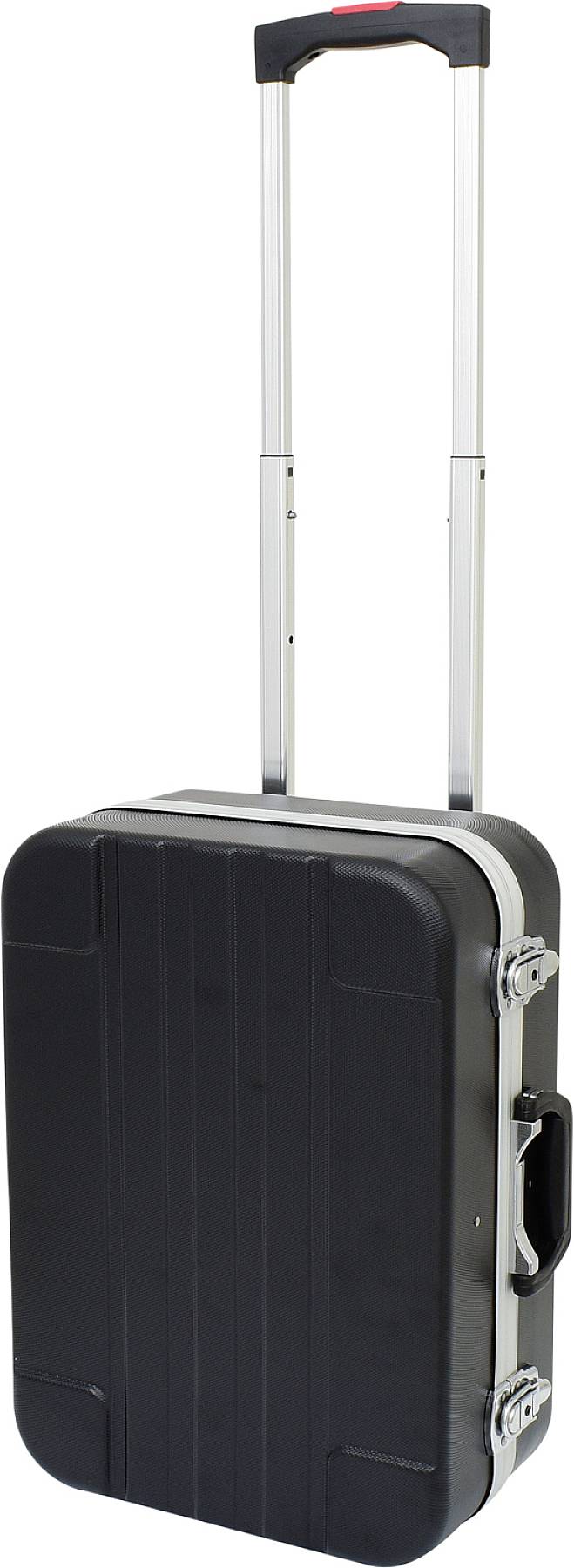 Une valise rigide noire avec une poignée télescopique. La valise est droite et fermée.