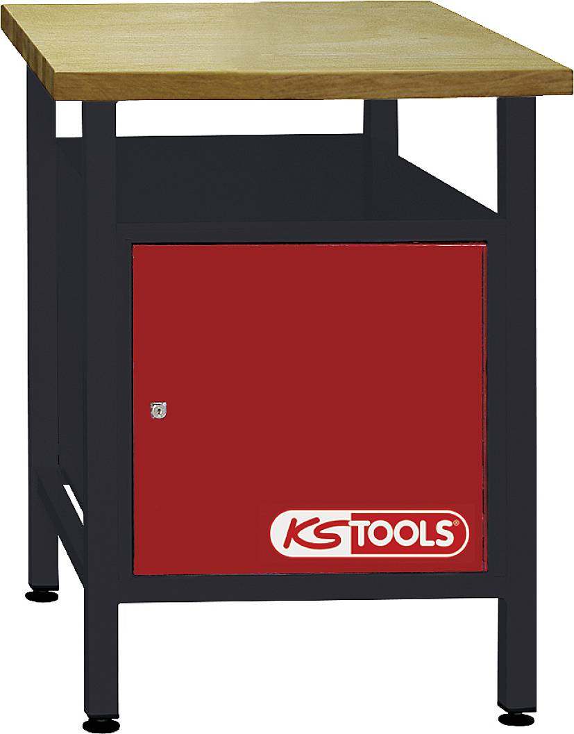 Établi avec armoire rouge et noire, plateau en bois sur le dessus, logo de marque 'KS TOOLS' sur la porte.