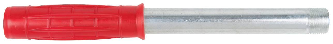 Poignée en plastique rouge avec un tube métallique argenté, probablement un composant d'un outil.