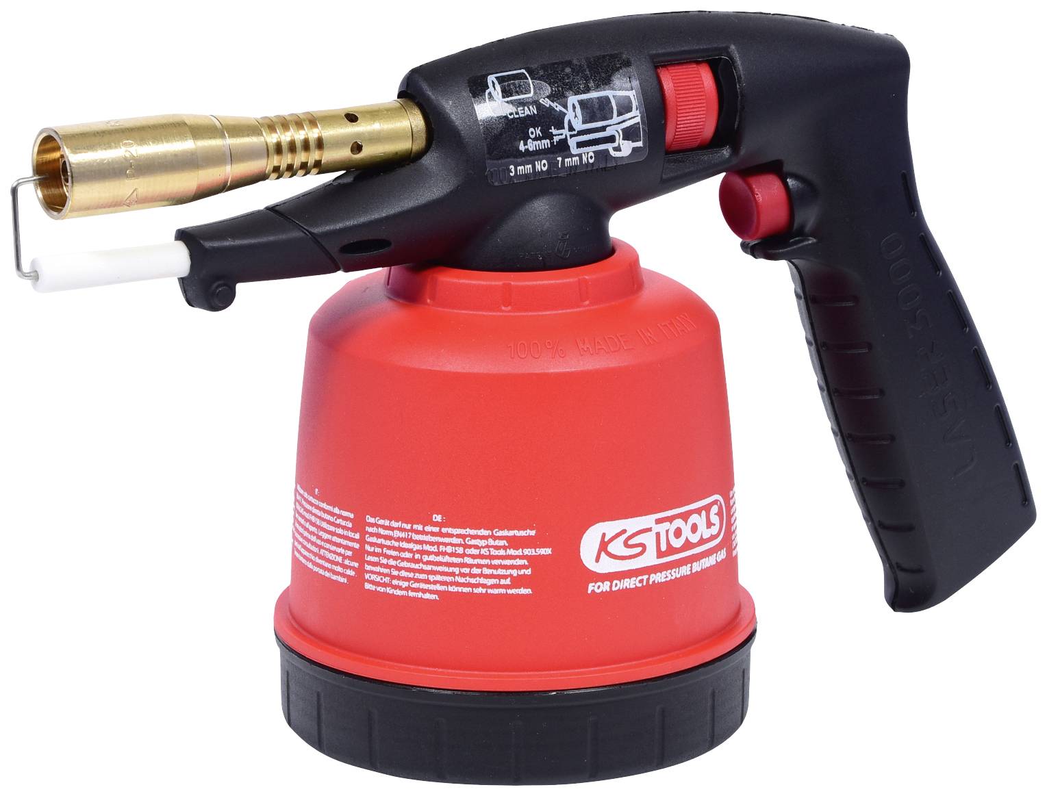 Un chalumeau à gaz rouge avec une poignée noire et un levier de sécurité, un bec de brûleur doré et le logo 'KS Tools' sur le côté.