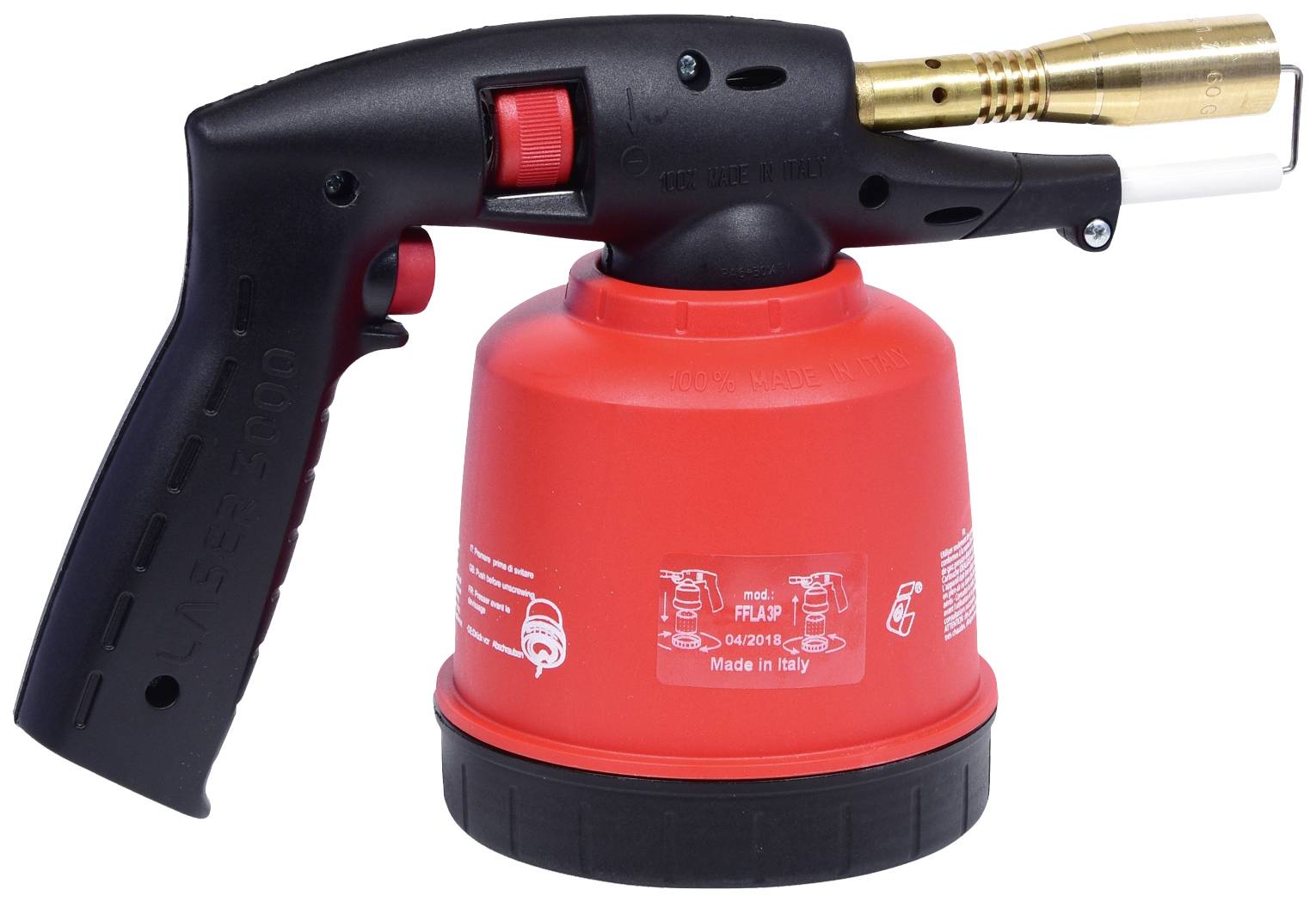 Un brûleur à gaz rouge avec poignée noire et buse dorée. Idéal pour les travaux de soudure ou l'allumage des barbecues. Fabriqué en Italie.