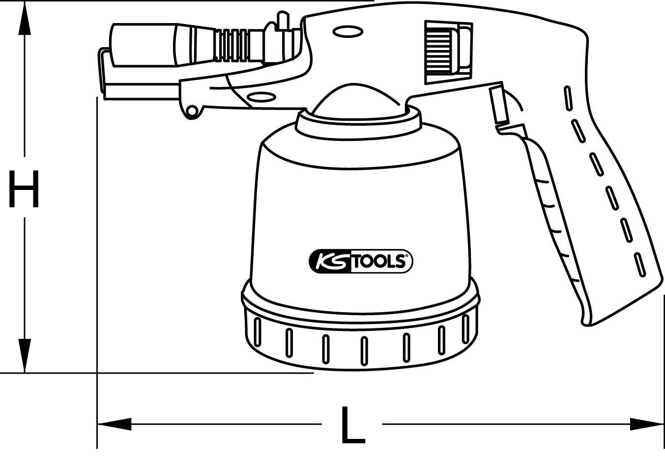 Un dessin technique d'un pistolet pneumatique avec poignée, détente et réservoir en bas. Étiqueté 'KS Tools'. Dimensions de la hauteur et de la largeur indiquées.