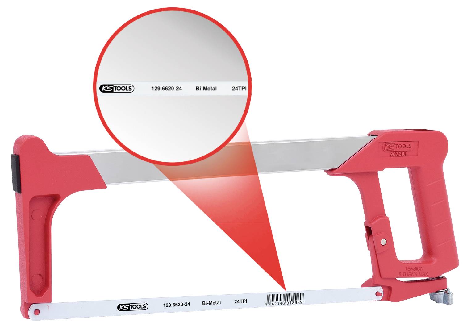 Une scie métallique rouge avec une vue agrandie de la lame, sur laquelle est inscrit '129.6820-24', 'Bi-Metal' et '24 TPI'.
