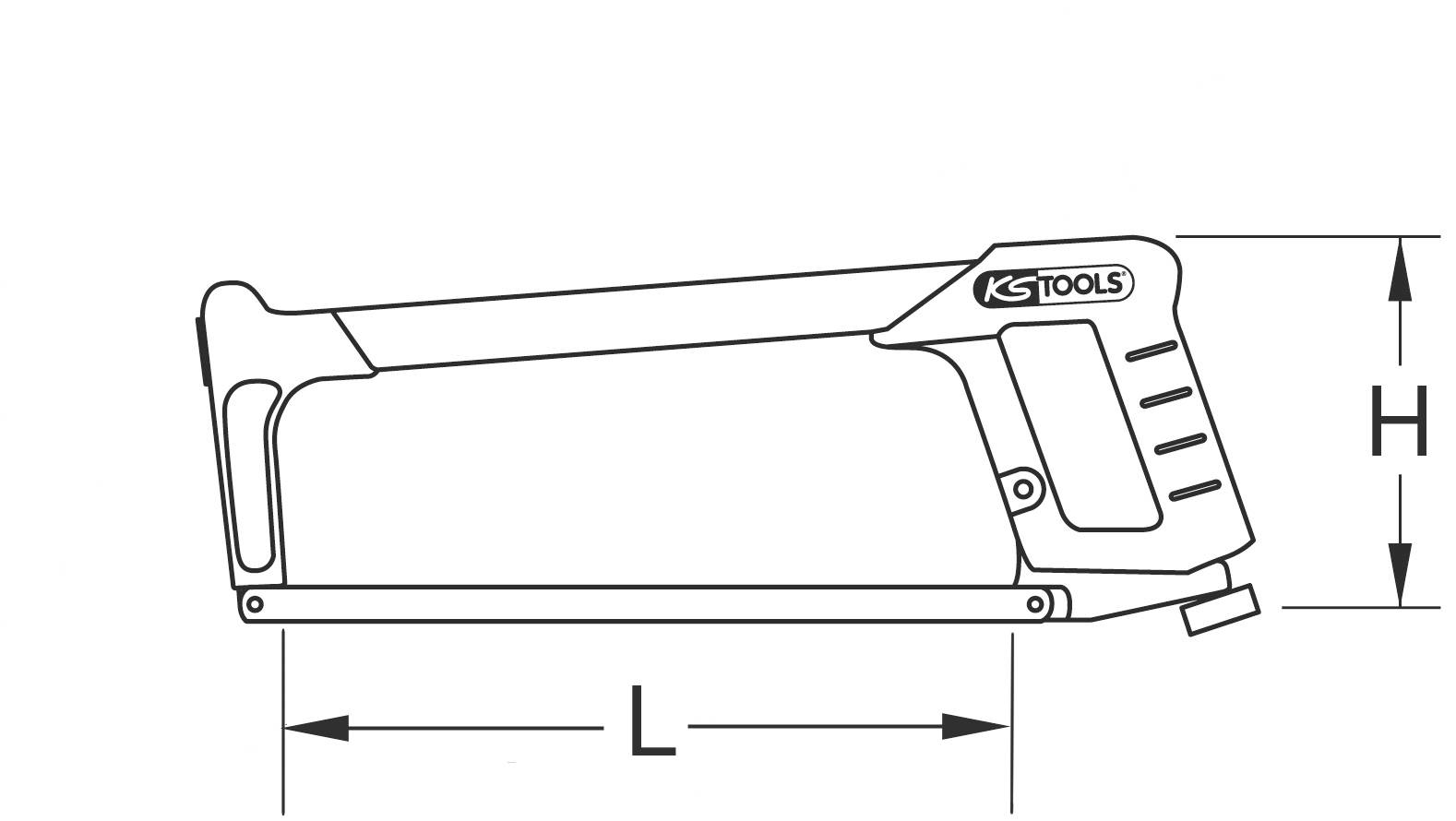 Scie à archet avec poignée ergonomique, longueur 'L', hauteur 'H', marque 'KS Tools', dessin technique.