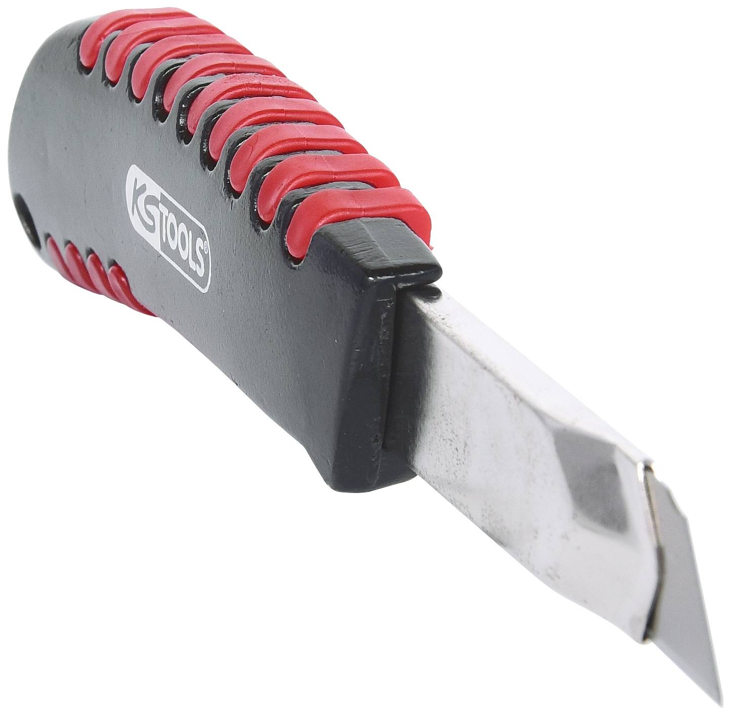 Un cutter noir avec une poignée rouge et une lame sortie bien visible. Le logo 'KS Tools' est imprimé sur la poignée.