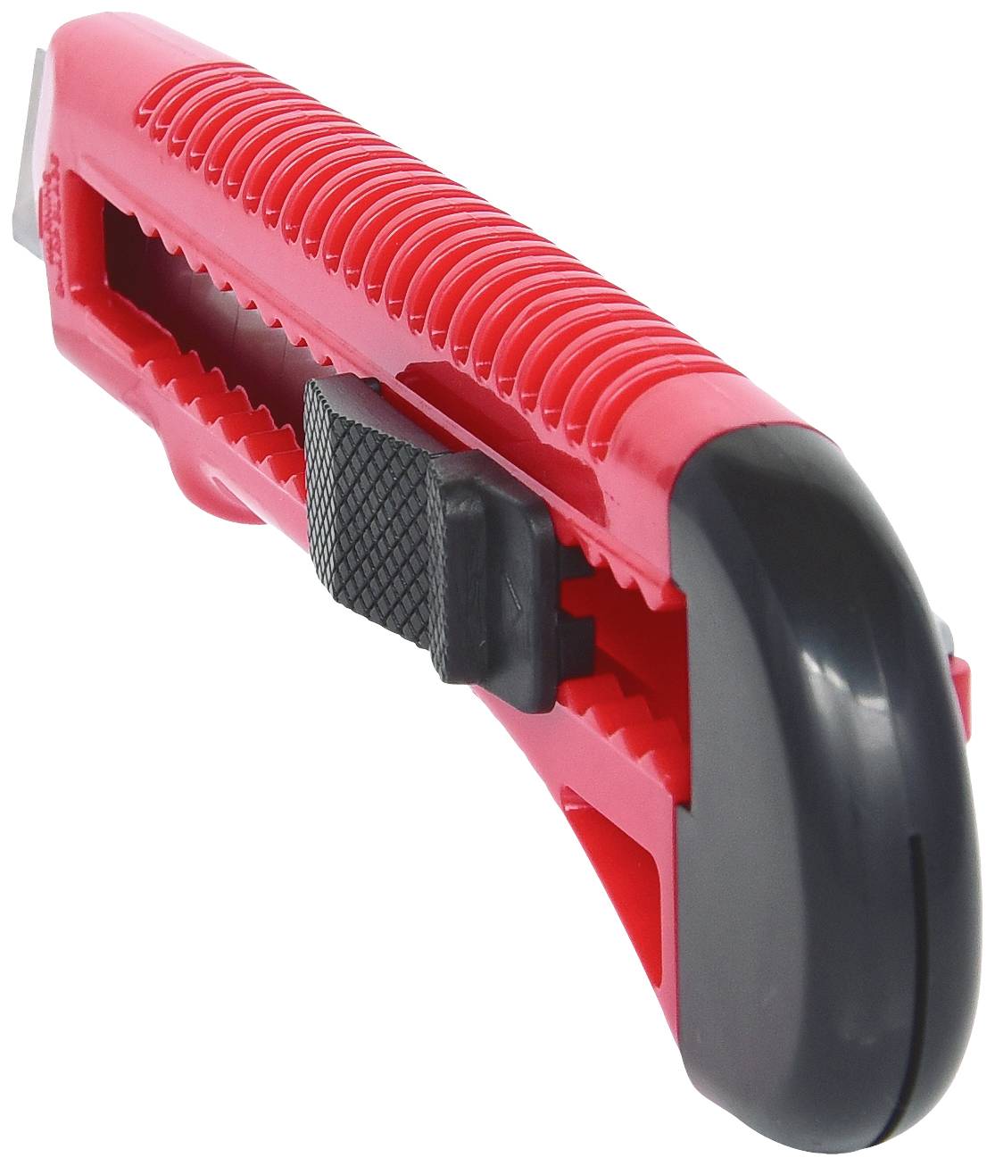Couteau utilitaire rouge avec curseur noir et poignée ergonomique, lame partiellement visible.