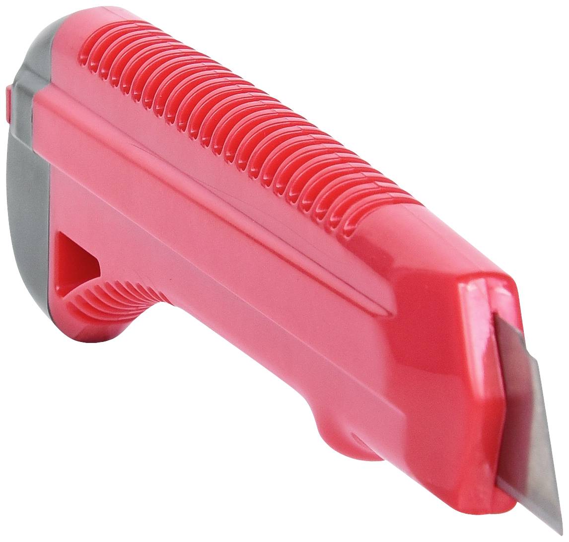 Couteau universel rouge avec manche en plastique, lame déployée, adapté aux travaux de coupe dans la maison ou le bureau.