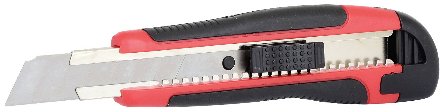 Un couteau-cutter rétractable rouge et noir avec une lame argentée et une poignée noire.
