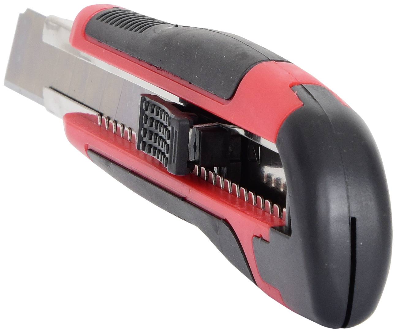 Un couteau universel rouge et noir avec une lame rétractable et réglable et une poignée ergonomique.