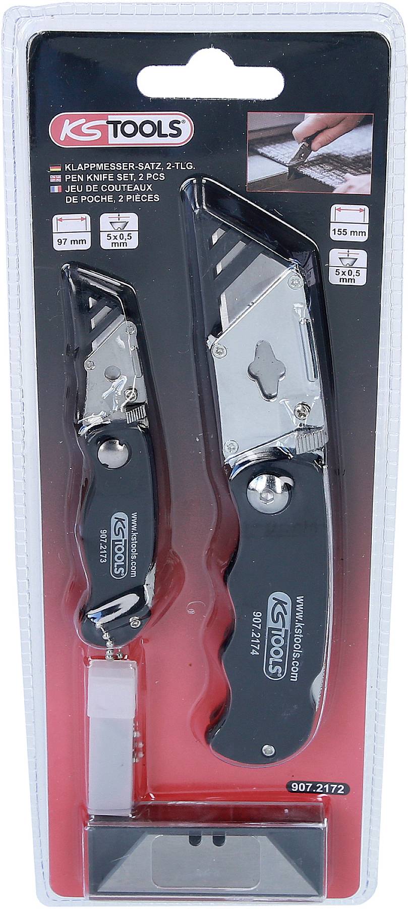 'Ensemble de couteaux pliants KS Tools, 2 pièces.' Deux couteaux utilitaires pliables de couleur noire et argentée, présentés sur un blister.