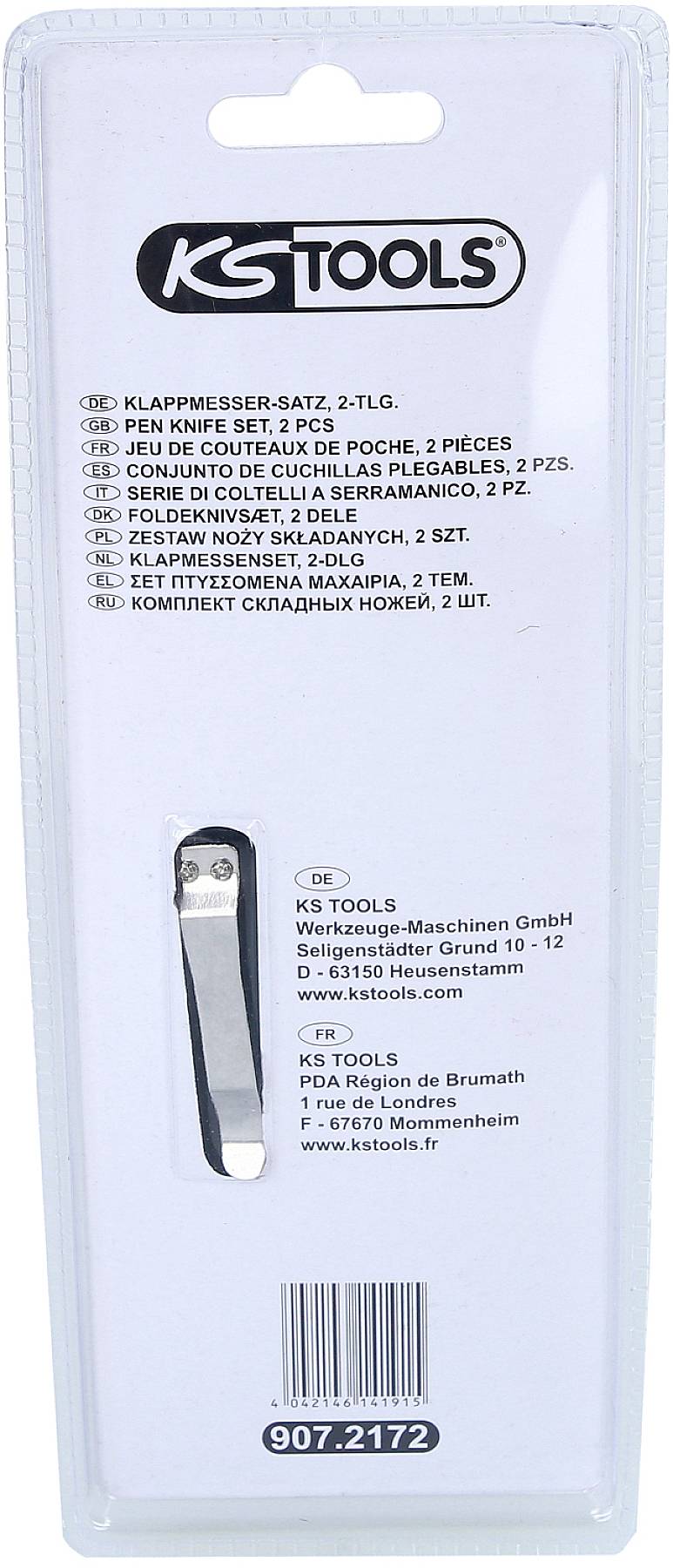 Emballage d'un ensemble de couteaux pliants en 2 parties de KS Tools, référence article 907.2172. Adresse et coordonnées du fabricant indiquées.