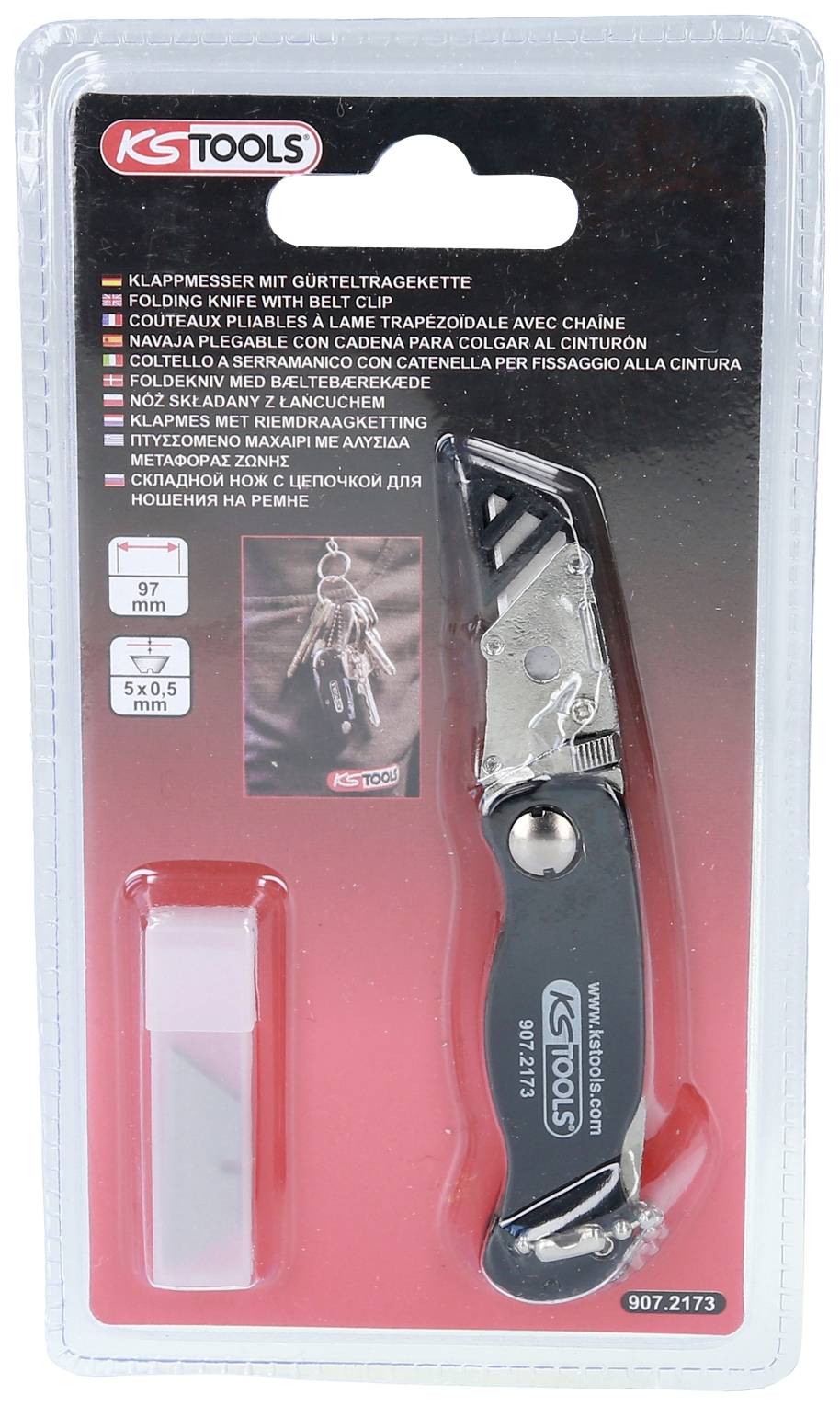 Couteau pliant noir de KS Tools avec chaîne de transport à la ceinture, dans un emballage en plastique. Texte de l'emballage et image du couteau porté à la ceinture.
