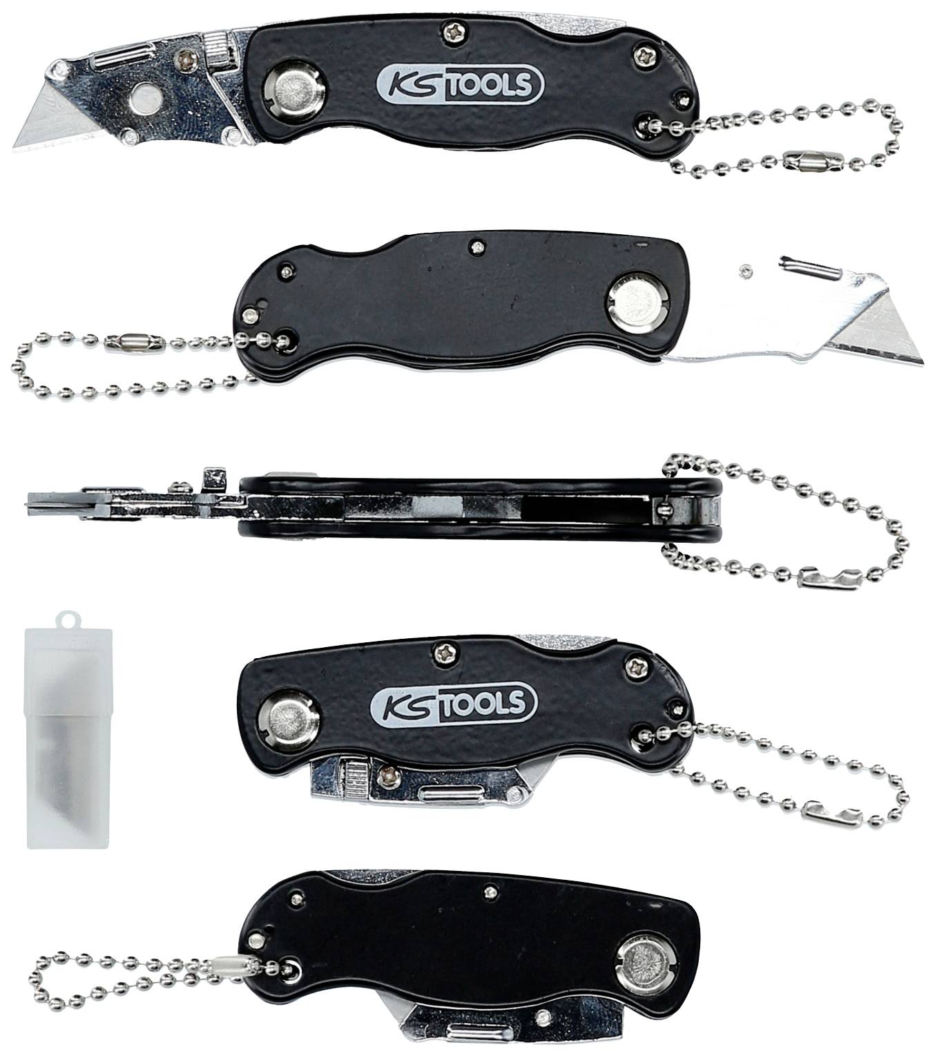 Plusieurs vues d'un couteau pliant noir avec une chaîne et le logo 'KS Tools'. Comprend une lame de rechange dans un étui en plastique.
