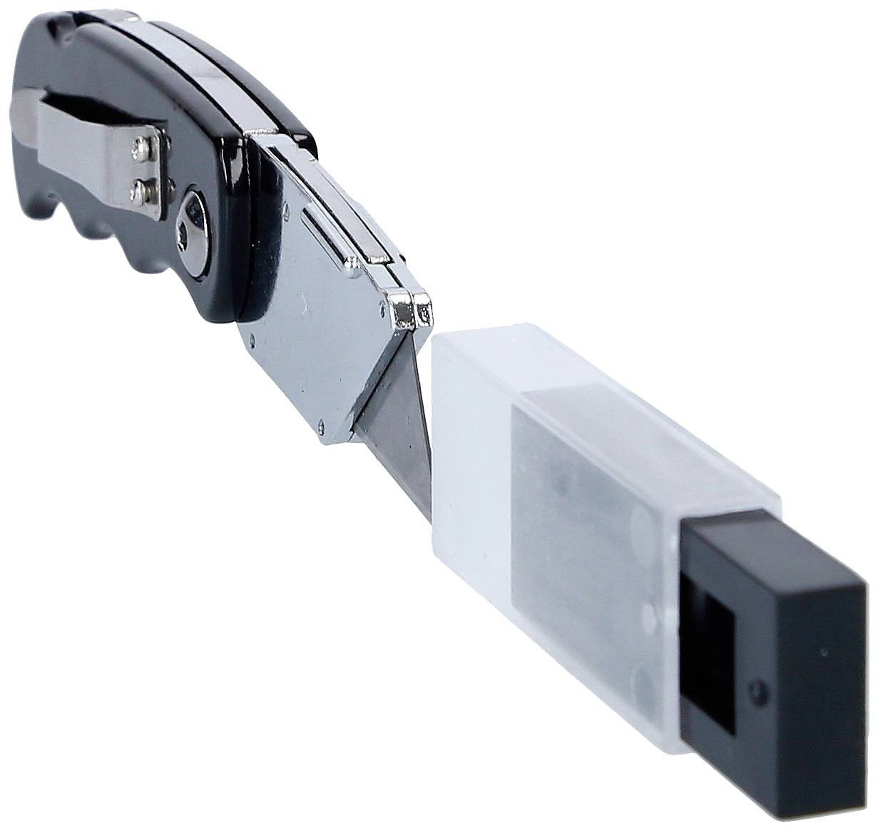 Couteau pliant avec lame rétractable et étui de protection intégré, posé sur une surface blanche.