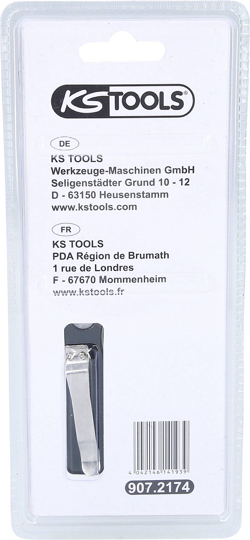 Emballage contenant un coupe-ongles argenté. Le nom de marque 'KS Tools' et les informations sur l'entreprise sont imprimés sur l'emballage.