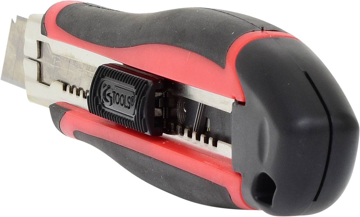 Un cutter rouge et noir avec une lame rétractable et un mécanisme de verrouillage de sécurité, principalement utilisé pour des travaux de coupe.