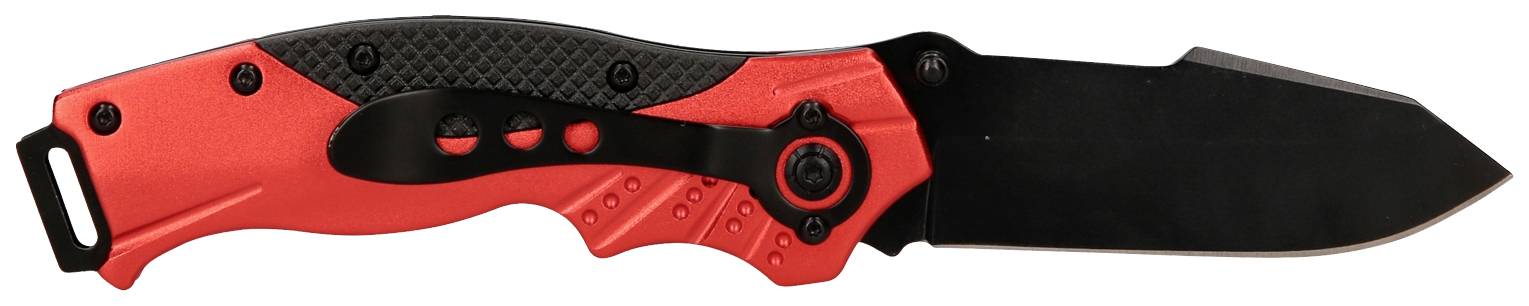 Un couteau pliant rouge et noir avec une lame noire et un mécanisme de sécurité, présenté sur un fond blanc.