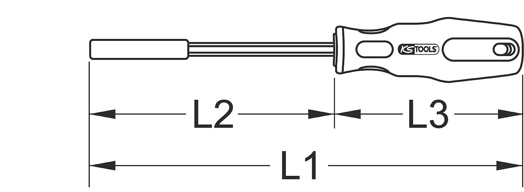 Dessin technique d'un tournevis avec poignée. Les dimensions L1, L2 et L3 marquent différentes sections de l'outil.