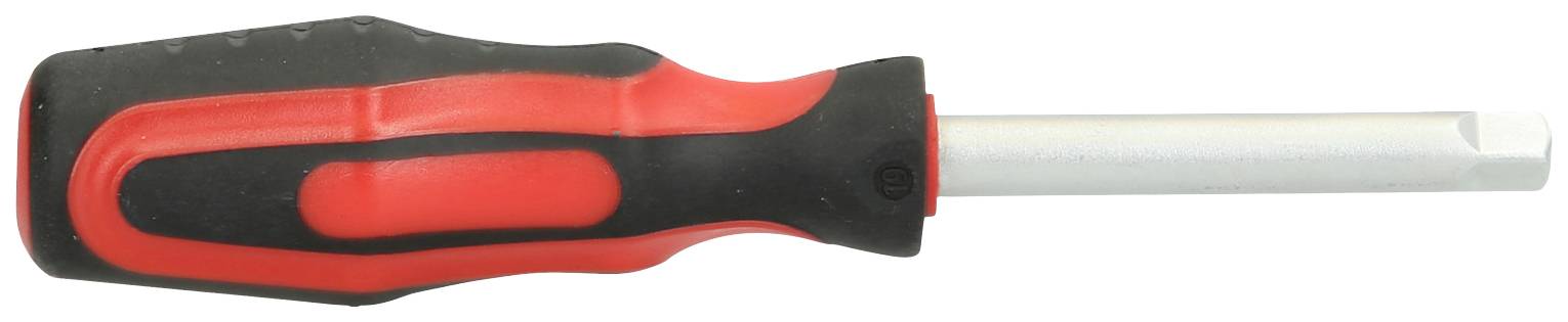 Un tournevis avec une poignée noir et rouge et une lame métallique comportant une encoche pour les têtes de vis.