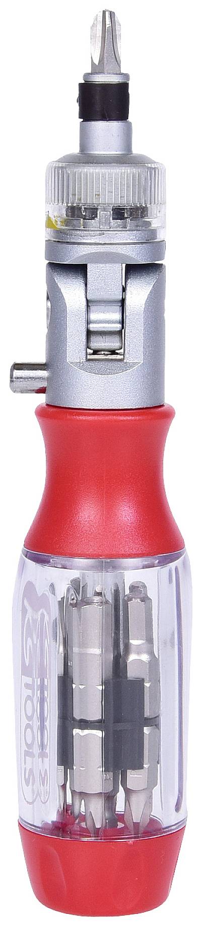 Un tournevis multifonction à manche rouge avec plusieurs embouts interchangeables, qui sont rangés dans le manche transparent.