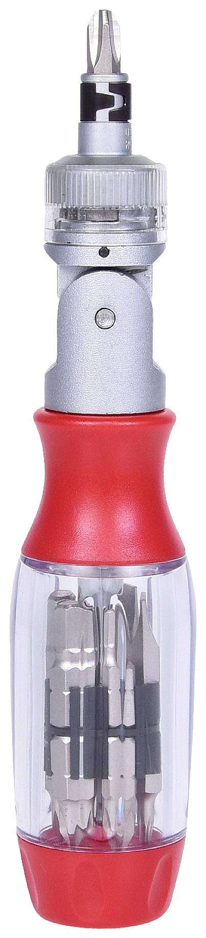 Visseuse sans fil avec poignée rouge et rangement transparent pour différents embouts. Extrémité supérieure avec pointe de foret. Idéal pour les bricoleurs.