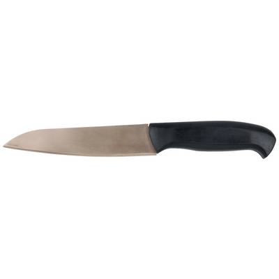 Un couteau de cuisine noir avec une large lame brun clair.