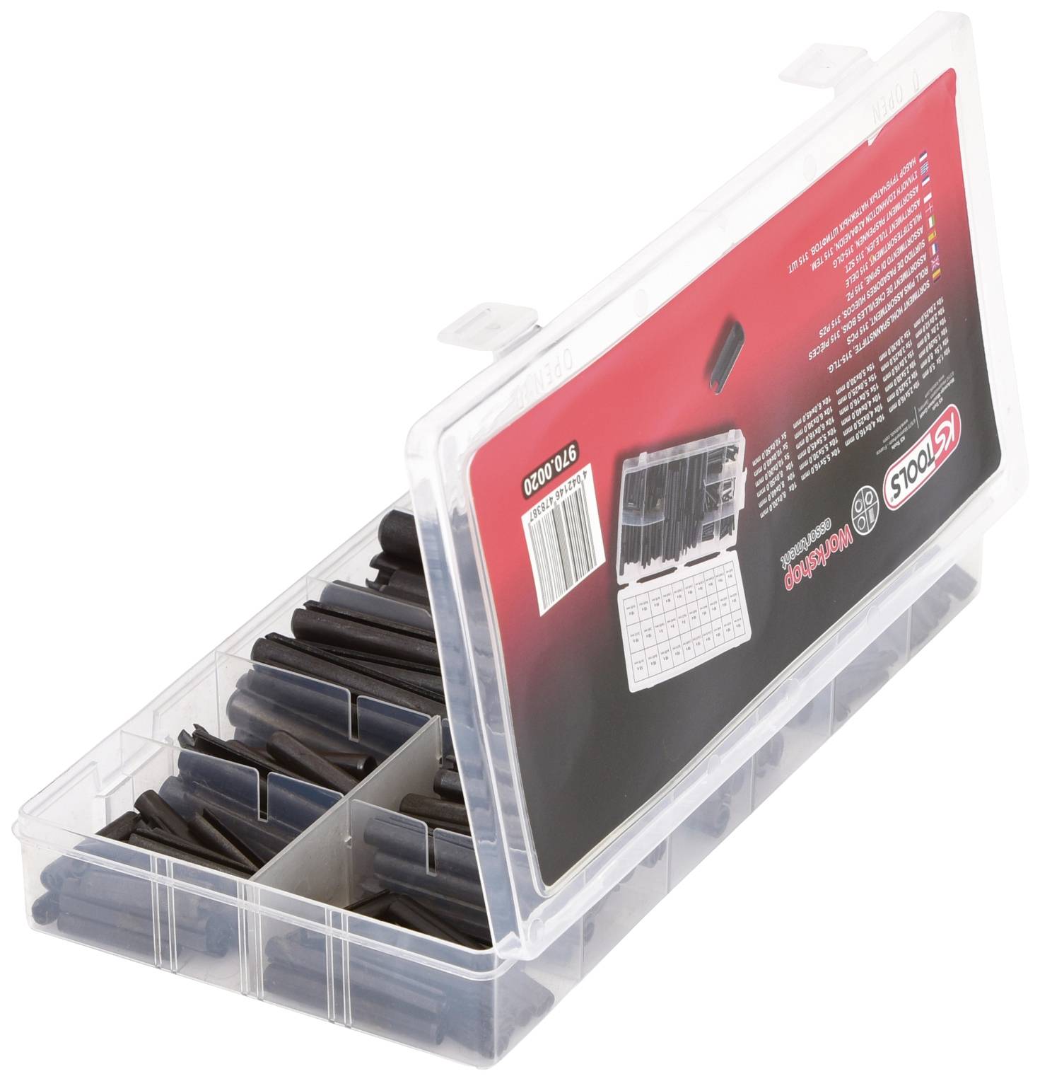 Une boîte en plastique transparente à plusieurs compartiments contient des gaines thermorétractables noires. La boîte est partiellement ouverte, révélant son contenu.