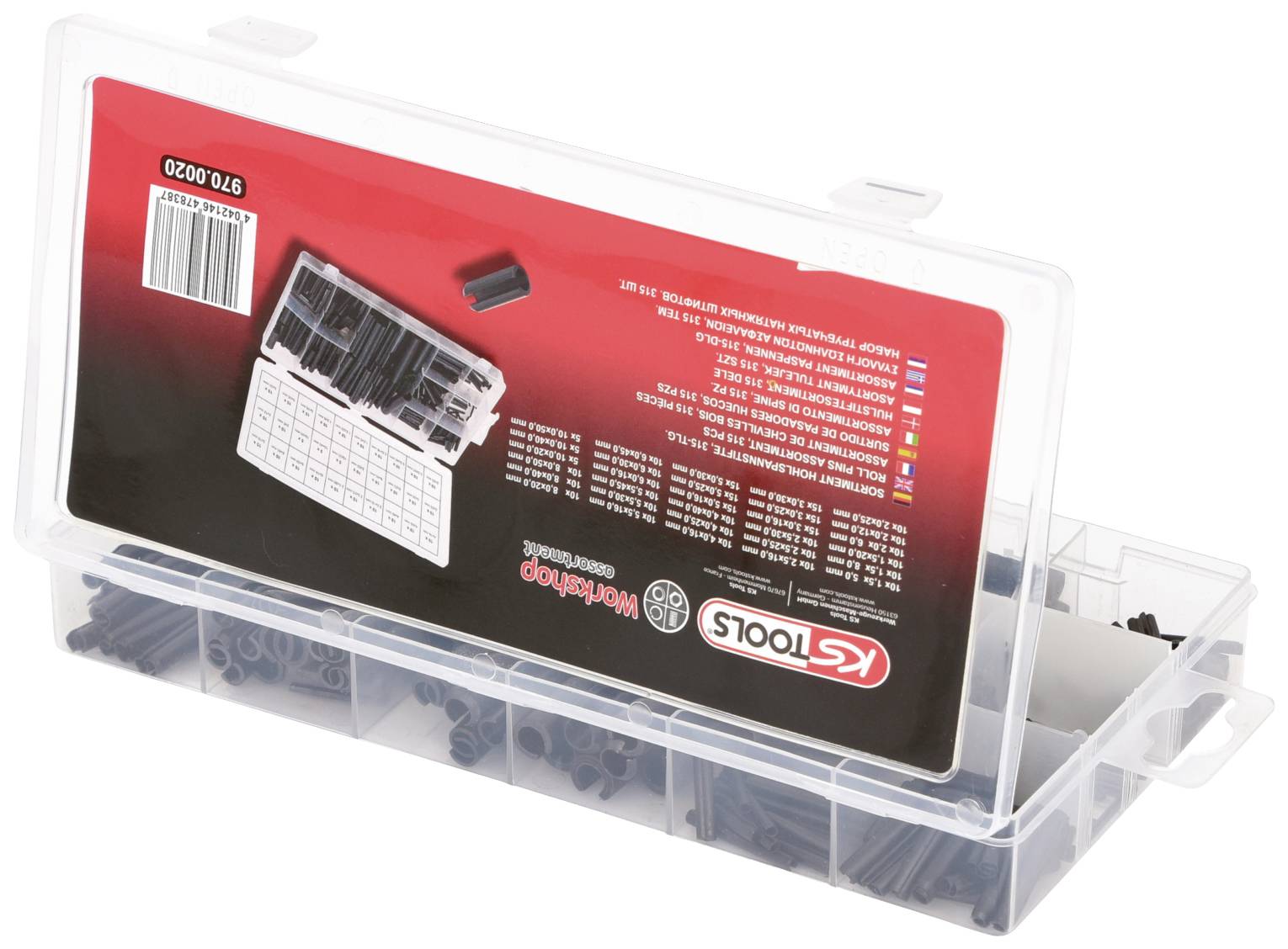 Boîte en plastique transparent avec compartiments visibles, remplie de bouchons en caoutchouc de différentes tailles. Logo du fabricant et tableau sur l'emballage.