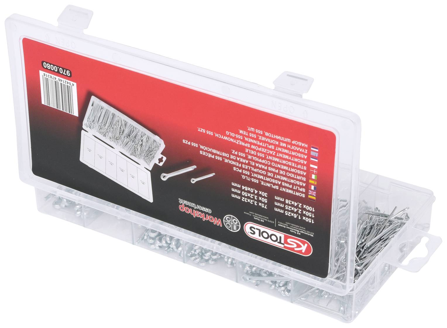 Une boîte transparente en plastique avec des clous en acier. La boîte est divisée en plusieurs compartiments et porte une étiquette de la marque 'KS Tools'.