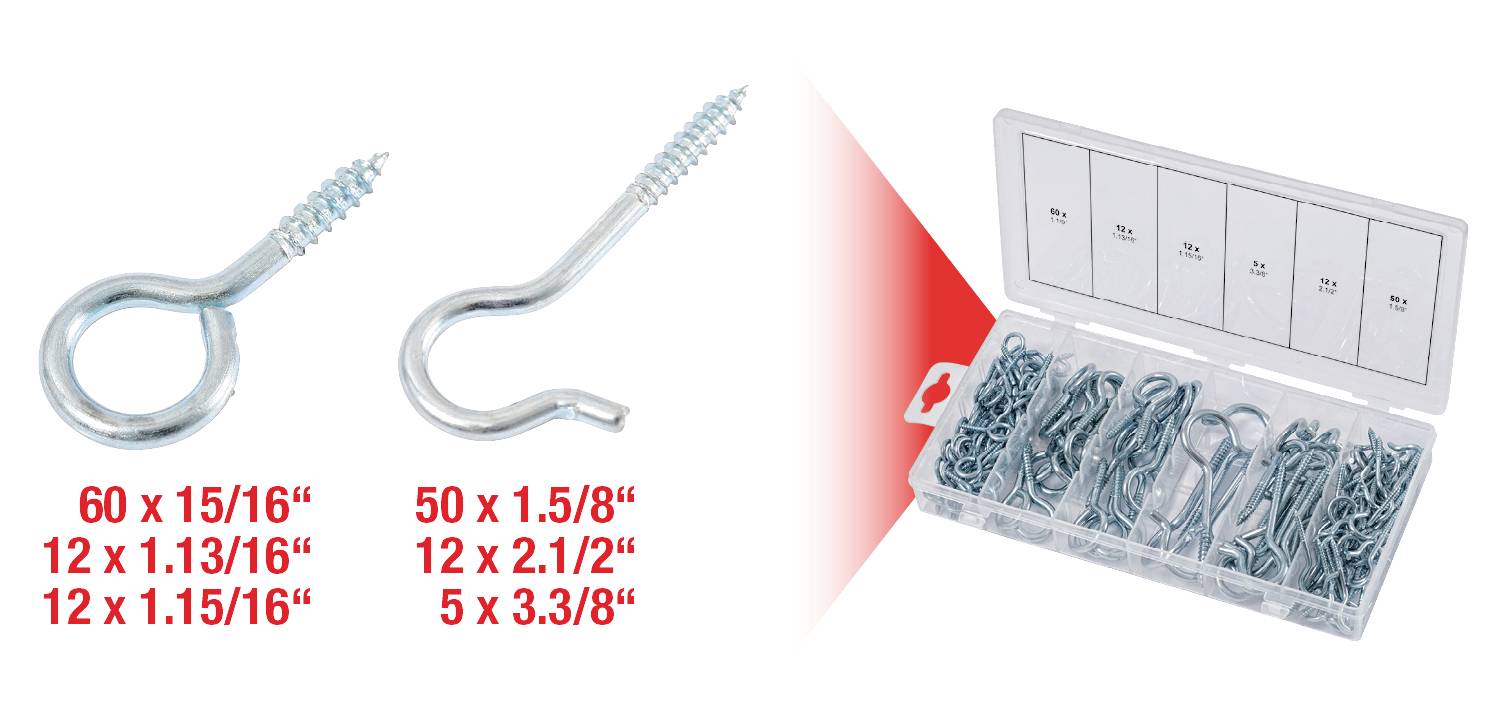 Une sélection de vis à œillet de différentes tailles et longueurs à côté d'une boîte en plastique ouverte contenant un assortiment.