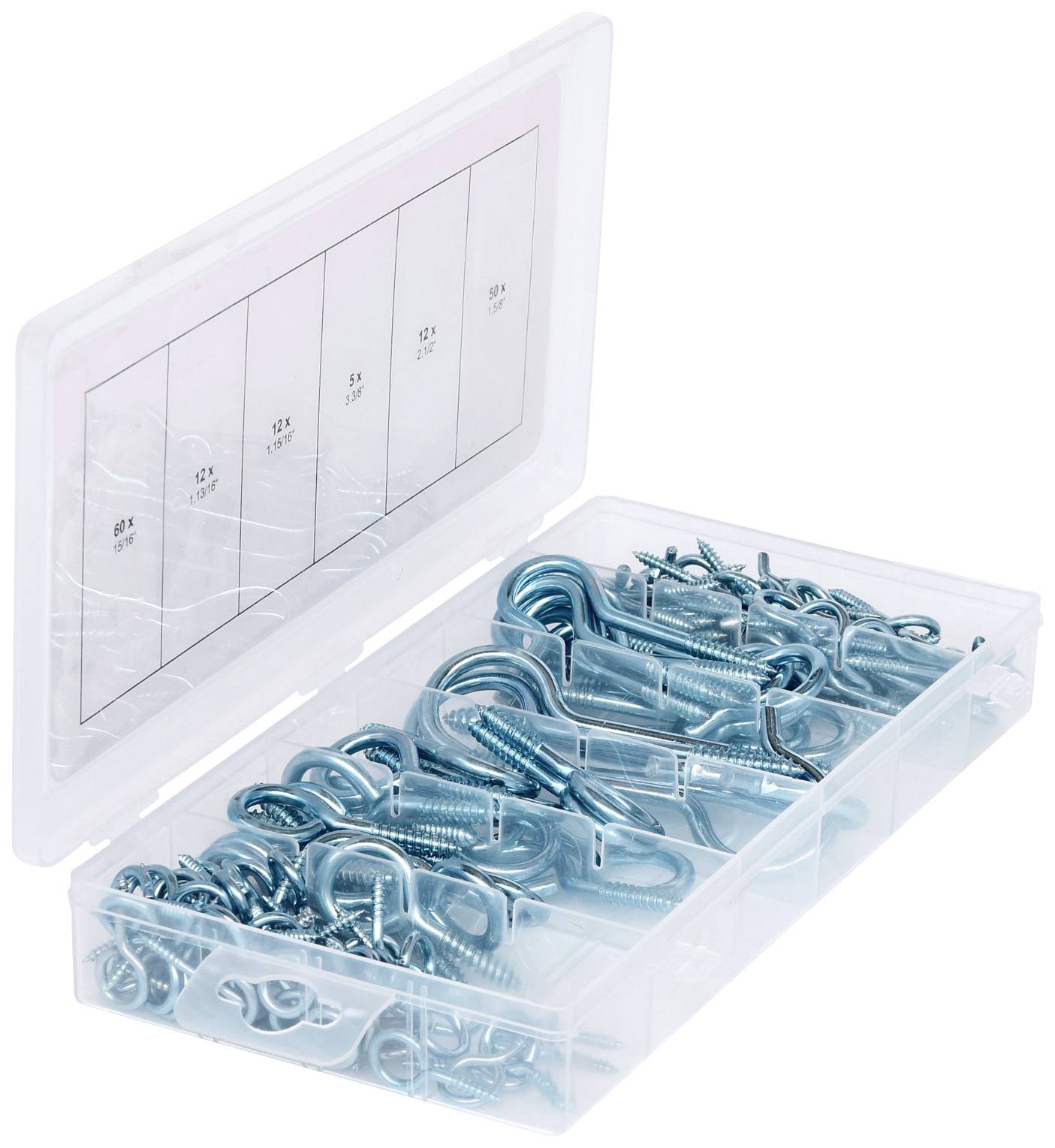 Boîte en plastique contenant différentes tailles de crochets et d'œillets métalliques bleus, triés dans plusieurs compartiments.