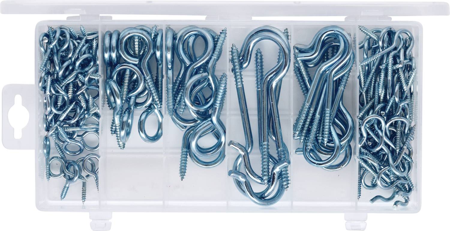 Une boîte en plastique avec différents crochets et vis à œillet bleus dans plusieurs compartiments.