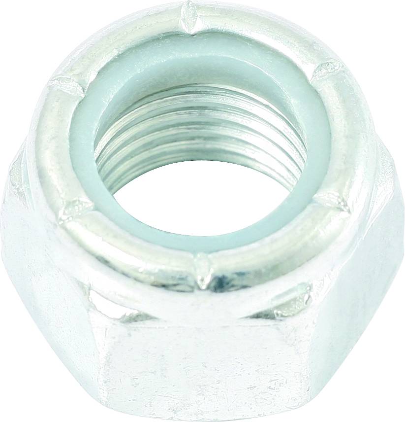 Écrou hexagonal en métal, doté d'un insert en plastique annulaire en partie supérieure pour un verrouillage sécurisé.