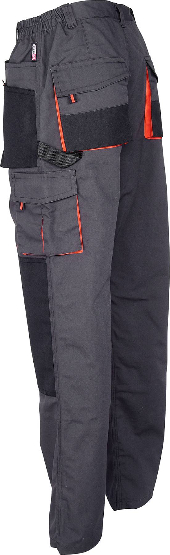 Pantalon de travail en gris avec des accents noirs et orange, doté de plusieurs poches et d'une ceinture élastique, pris en vue latérale.