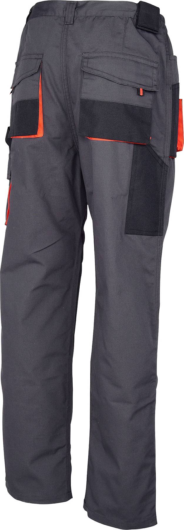 Un pantalon de travail gris avec plusieurs poches, comprenant des accents noirs et oranges, adapté aux travaux manuels.