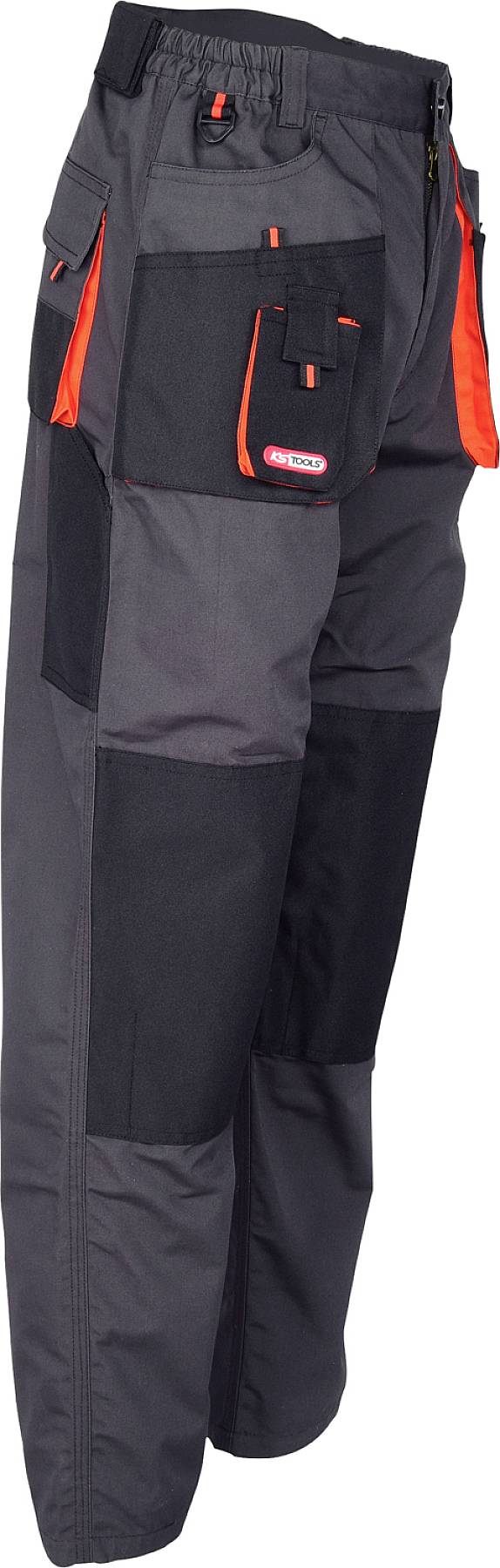 Pantalon de travail avec genouillères, tissu multicolore en gris et noir, avec des touches de rouge sur les poches, matériau résistant.