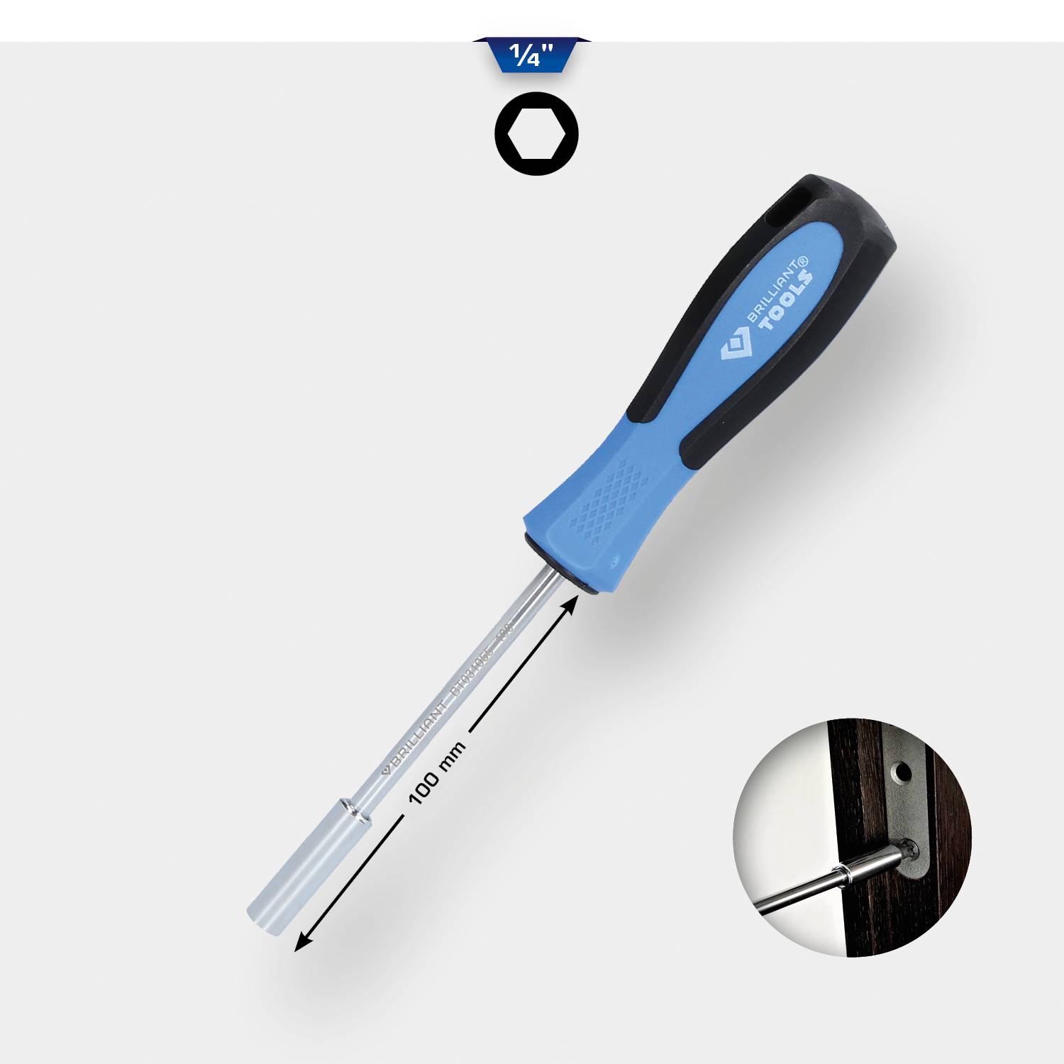 Un tournevis avec une poignée bleu-noir et un porte-embout hexagonal de 1/4 de pouce. Une image détaillée montre son utilisation dans un morceau de bois.