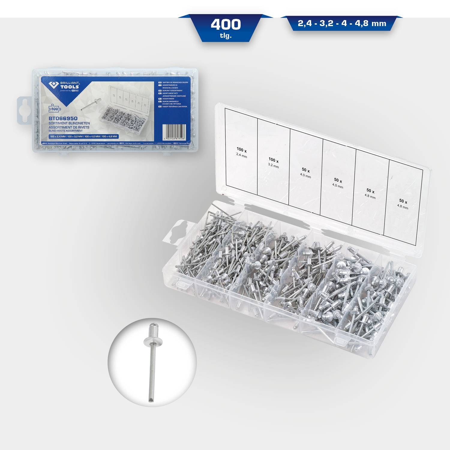 Une boîte transparente contenant 400 chevilles métalliques de différentes tailles : 2,4 mm, 3,2 mm, 4 mm et 4,8 mm, réparties dans des compartiments.
