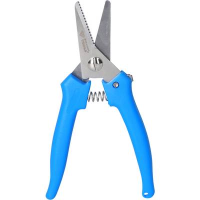 Une paire de ciseaux aux poignées bleues et aux lames dentelées, adaptés pour couper des matériaux légers.